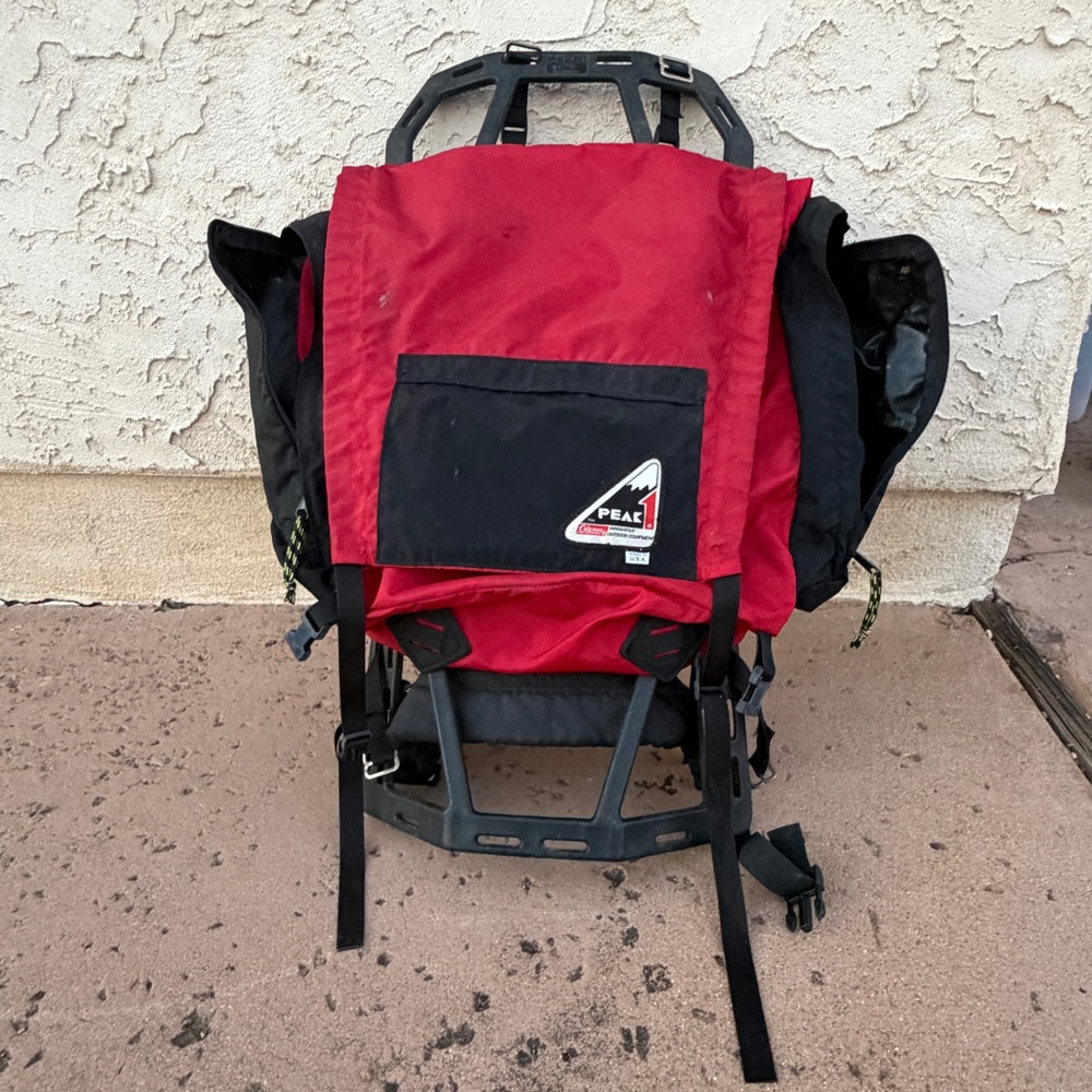 Vintage Coleman Peak 1 External Frame Backpack Red Black Hiking Camping USA Made